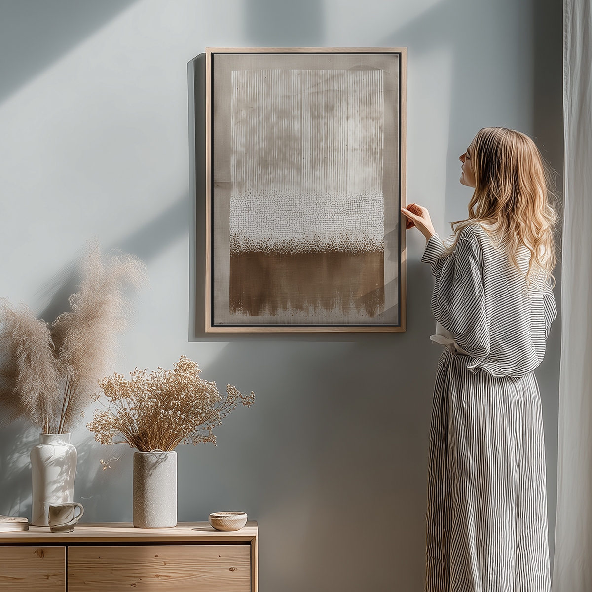 A woman looking at Earth & Linen neutral abstract wall art framed on a wall in a modern home