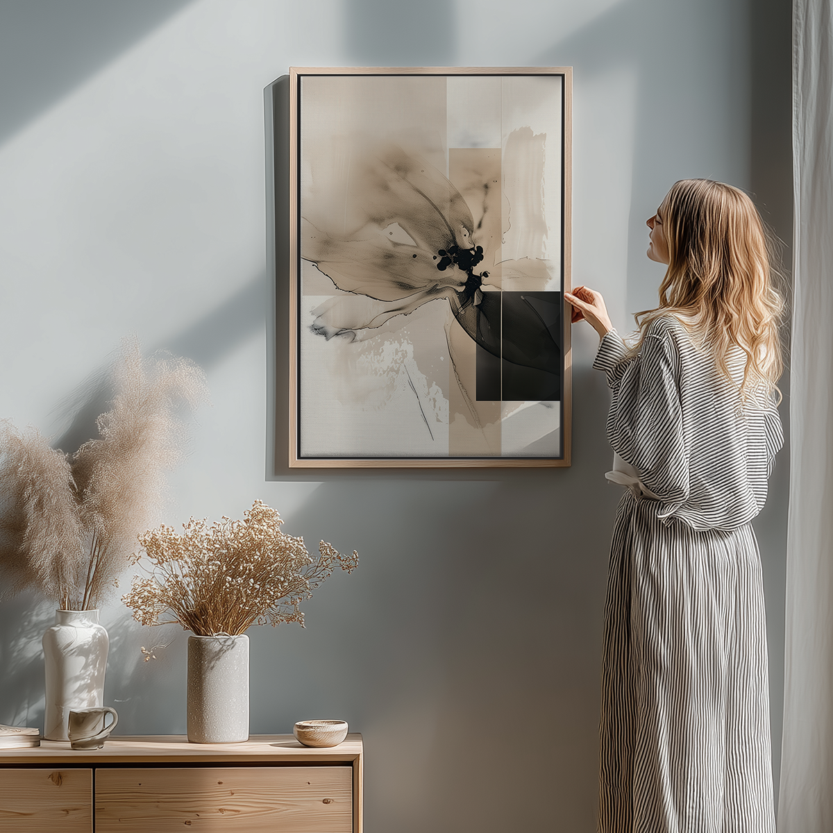 Abstract Floral Wall Art | Neutral Beige & Black Canvas