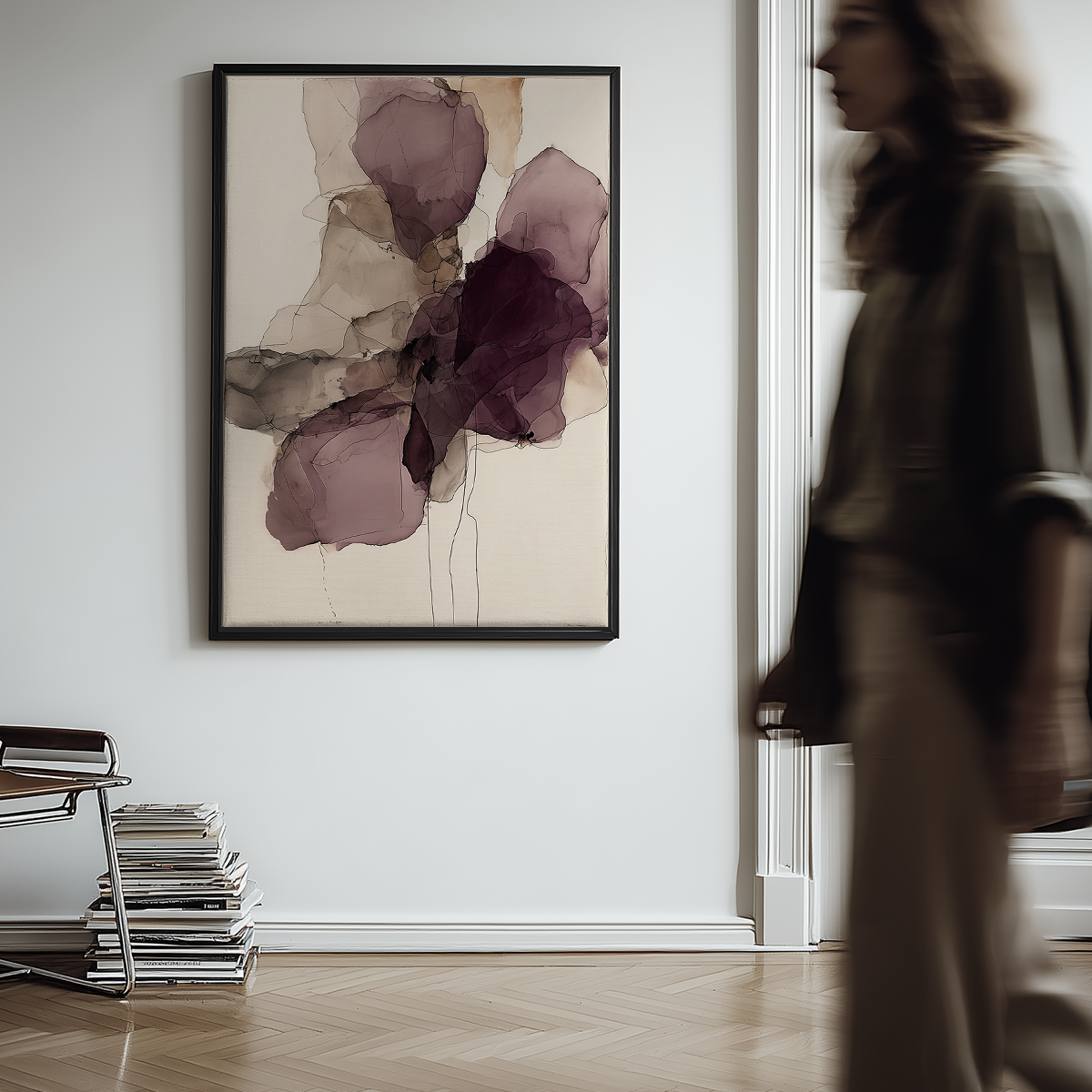 A stylish modern interior featuring a large "Ink Wash Abstract Floral Wall Canvas Art Print - Burgundy Minimalist Modern Wall Art" with deep burgundy and neutral tones, complemented by minimalist decor.