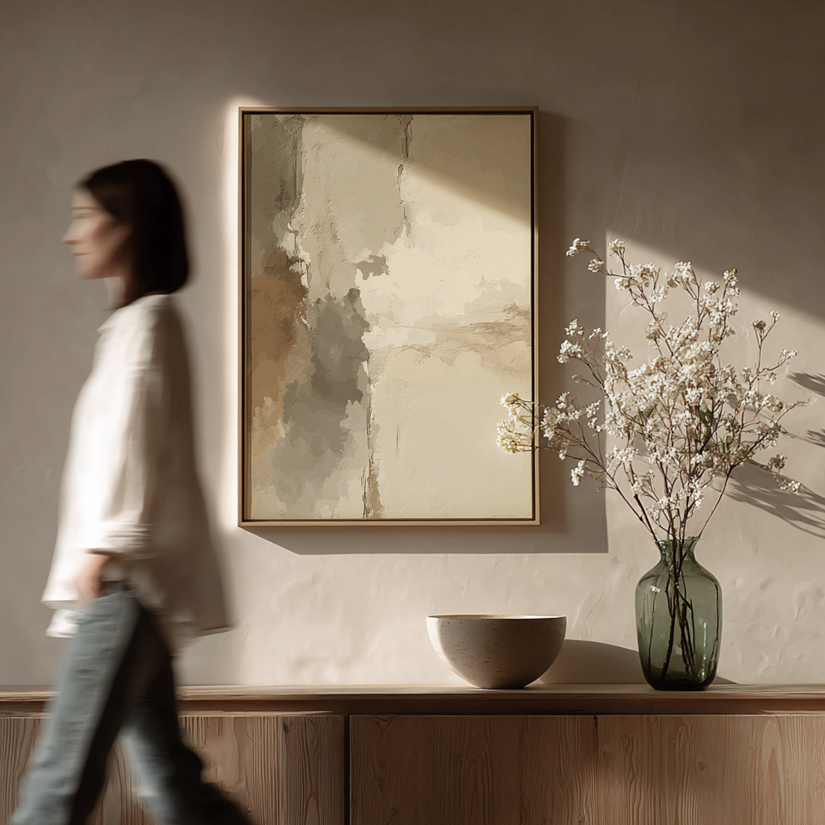 Japandi Abstract Wall Art | Neutral Textured Plaster Canvas displayed on a warm beige wall above a wooden console with a green vase of white flowers and a ceramic bowl, minimal modern interior setting.