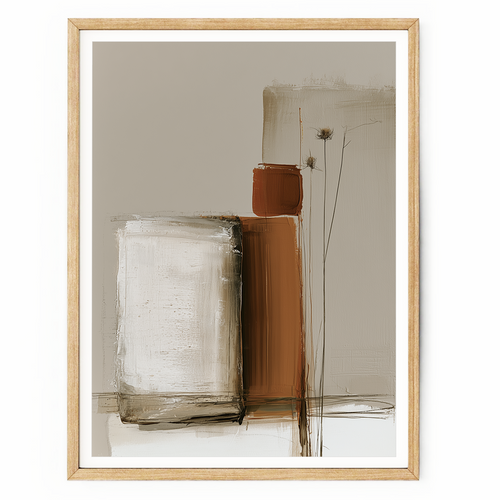 Wabi-Sabi abstract wall art featuring textured beige and rust geometric blocks with delicate dried botanical stems for a Japandi interior.