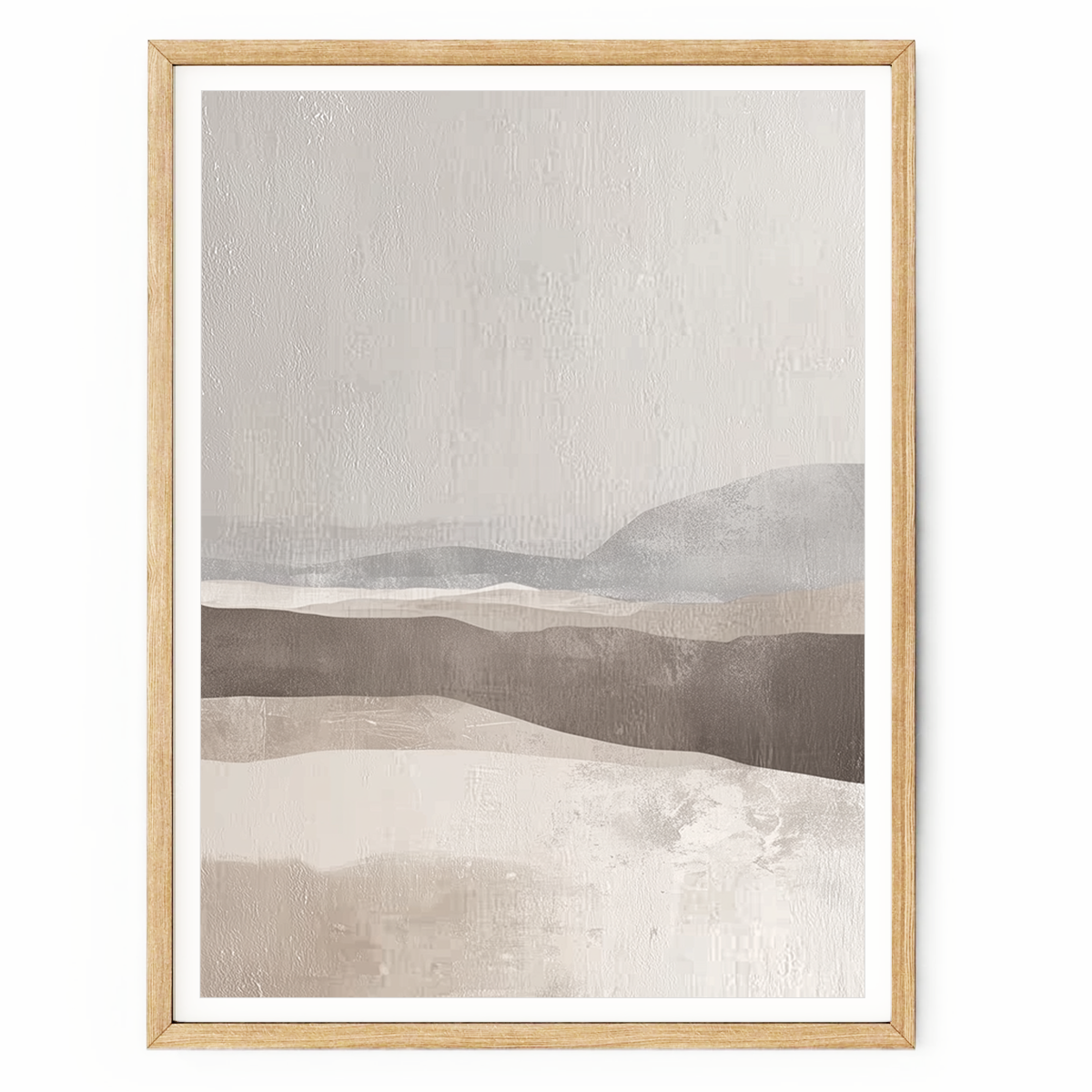 Abstract landscape wall art with textured beige, brown, grey, and cream tones inspired by Wabi-Sabi and minimalist design.