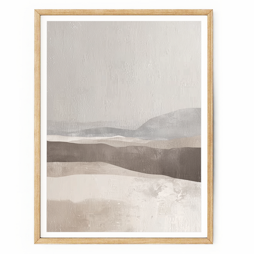 Abstract landscape wall art with textured beige, brown, grey, and cream tones inspired by Wabi-Sabi and minimalist design.