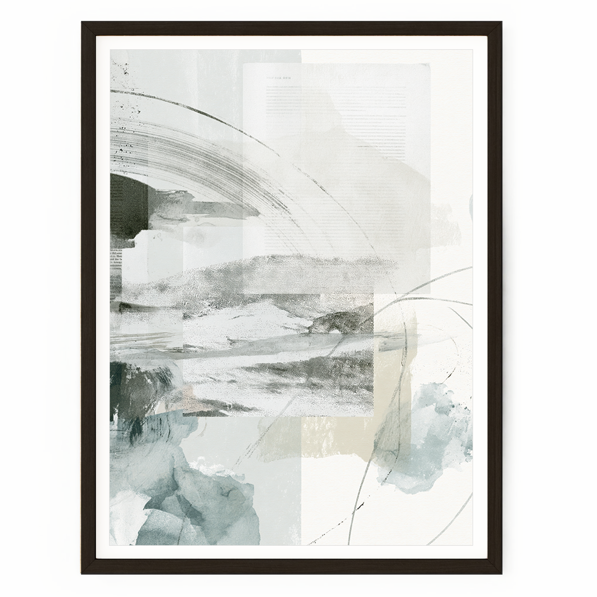 Mixed media abstract wall art featuring layered typography, slate grey, sage, beige, and charcoal textures with modern brushstrokes.