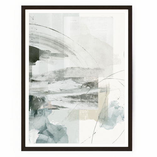 Mixed media abstract wall art featuring layered typography, slate grey, sage, beige, and charcoal textures with modern brushstrokes.