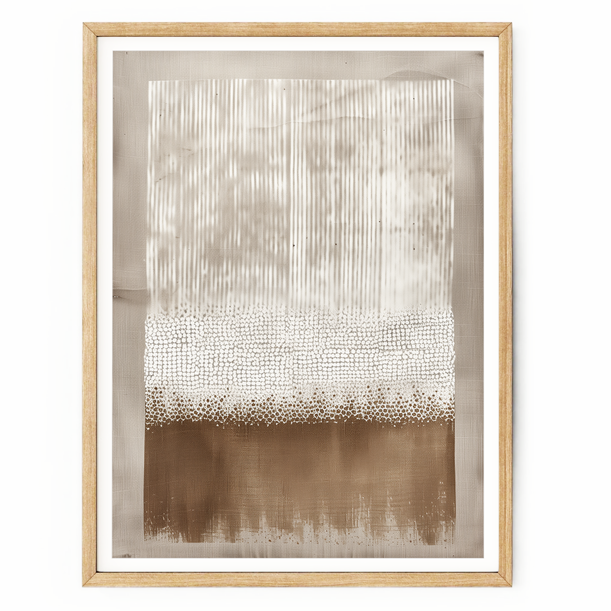 Earth & Linen neutral abstract wall art featuring vertical pinstripes, textured dot-work and warm brown earth tones for a Japandi living room.