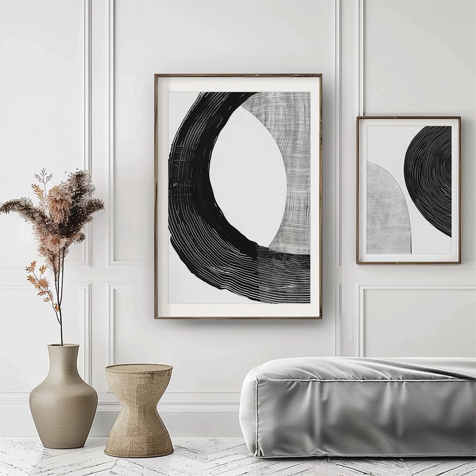 framed abstract wall art above sofa