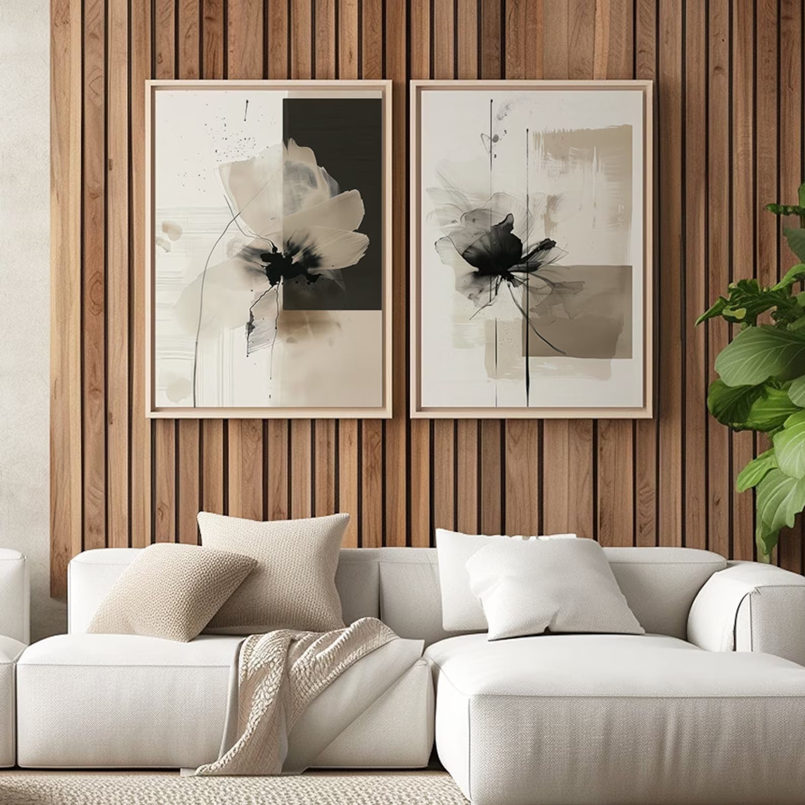 Modern Abstract Floral Wall Art Set | Beige & Black Canvas Prints