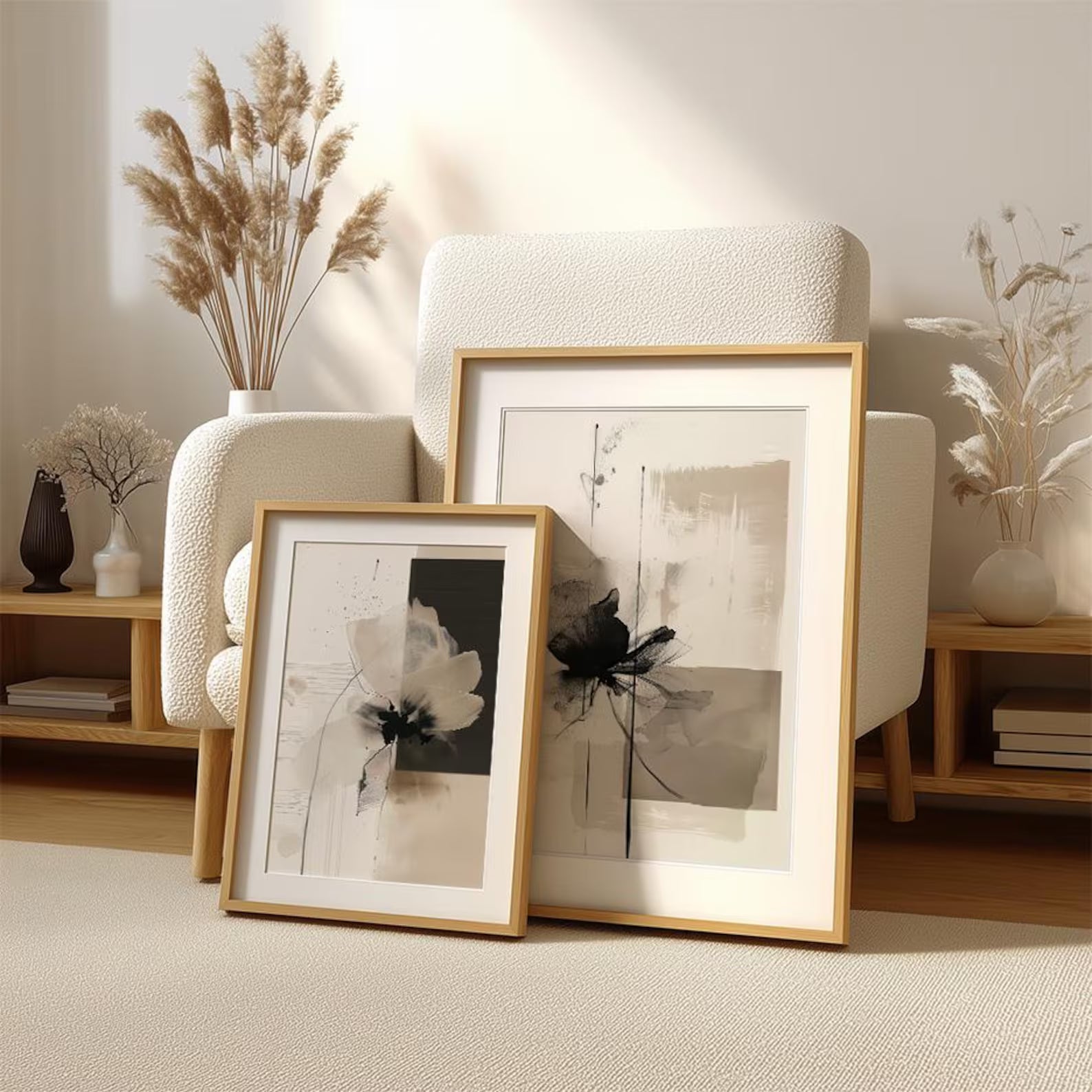 Modern Abstract Floral Wall Art Set | Beige & Black Canvas Prints