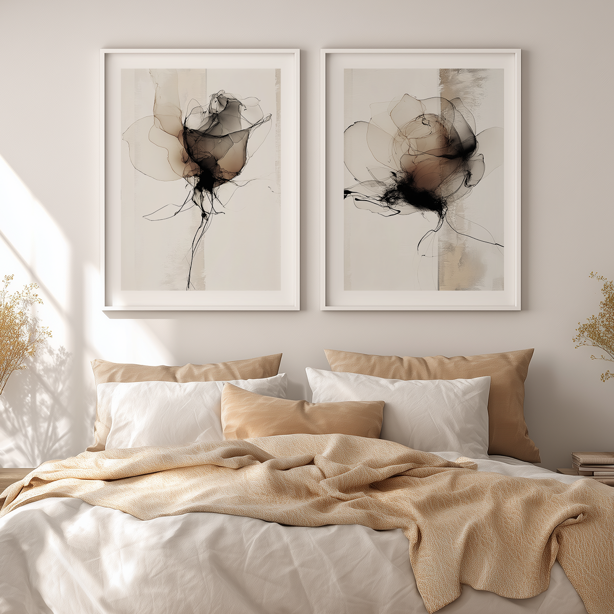 modern abstract botanical poster over bed