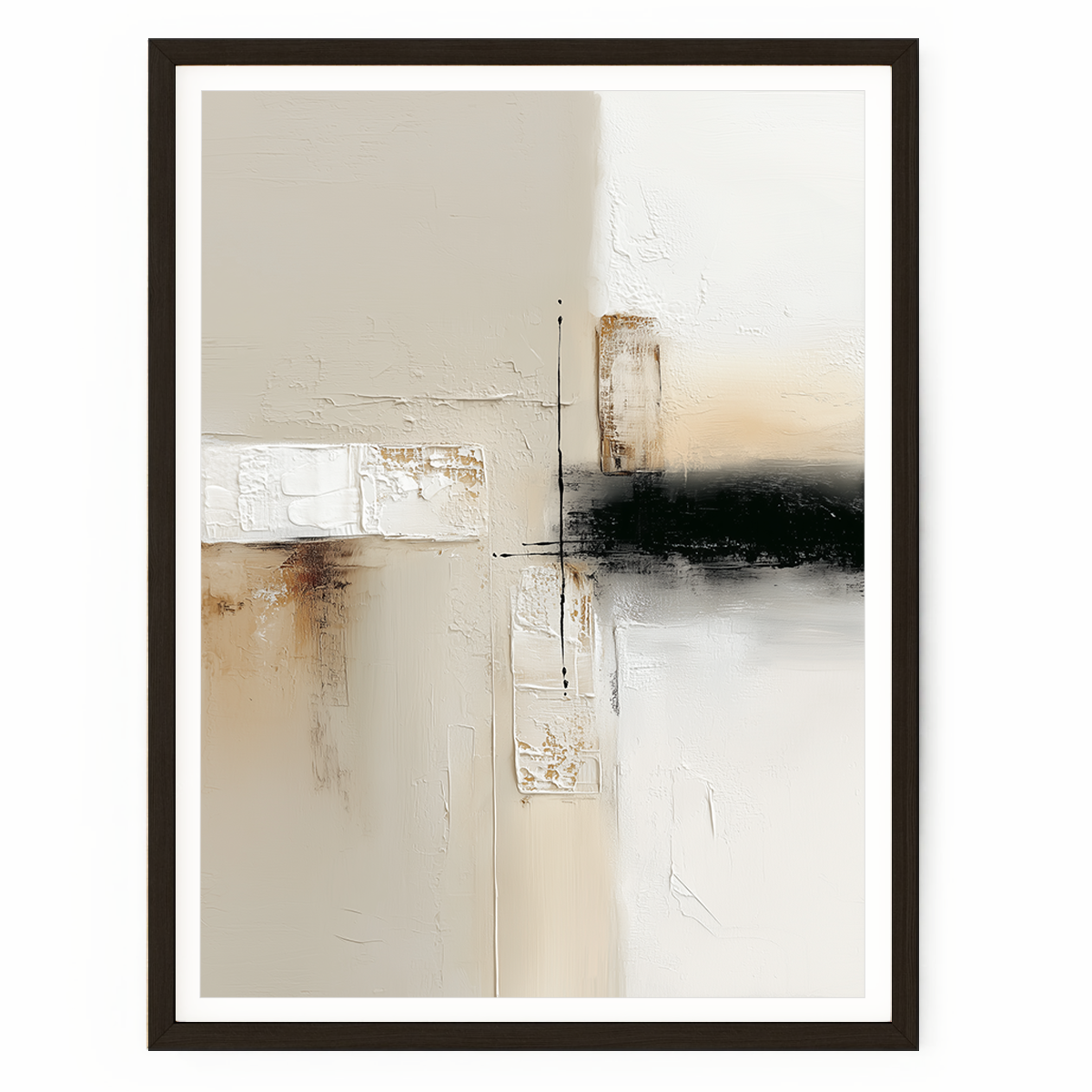 Neutral abstract wall art with textured layers in beige, grey, and black featuring subtle gold accents in a Japandi minimalist style.