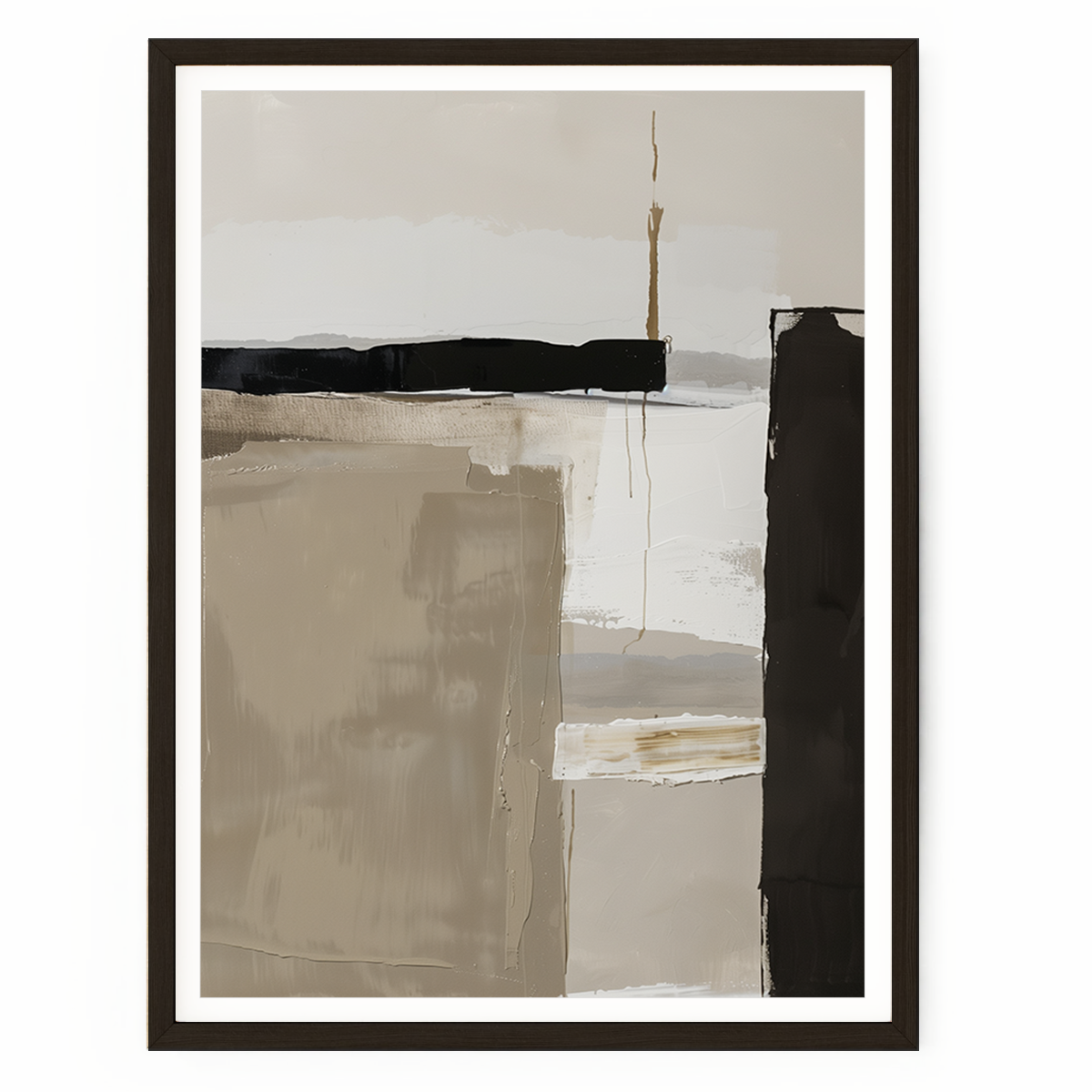 Neutral abstract wall art featuring textured taupe, beige, and cream tones with bold black accents and subtle metallic-inspired highlights.