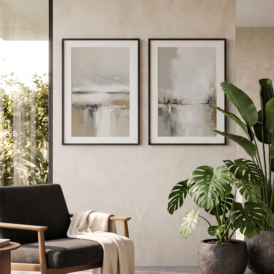 neutral landscape wall art set of 2, featuring soft abstract horizons