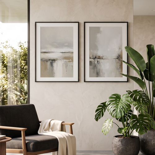 neutral landscape wall art set of 2, featuring soft abstract horizons