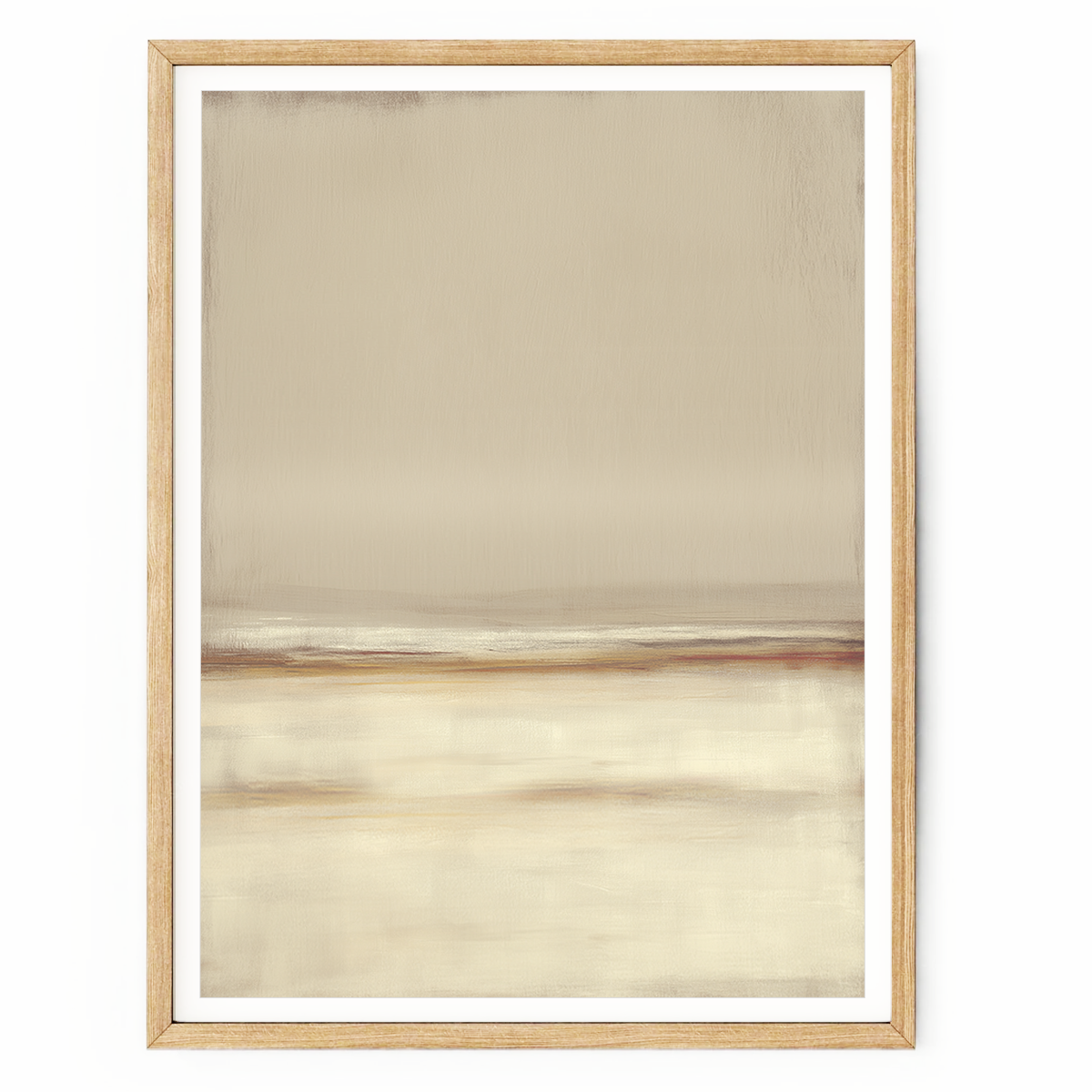 Neutral abstract seascape wall art with textured beige, cream, and sepia tones featuring a minimalist coastal horizon design.