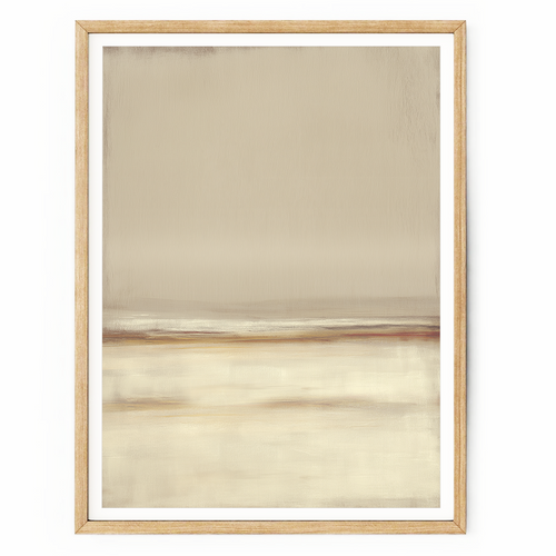 Neutral abstract seascape wall art with textured beige, cream, and sepia tones featuring a minimalist coastal horizon design.