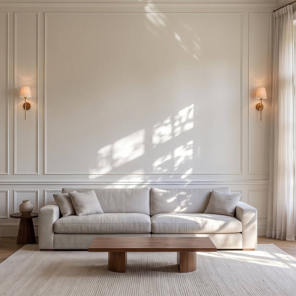 A minimalist living room scene featuring a light beige fabric sofa with matching throw pillows, a low wooden coffee table, a textured cream rug, and elegant wall paneling with warm wall sconces.